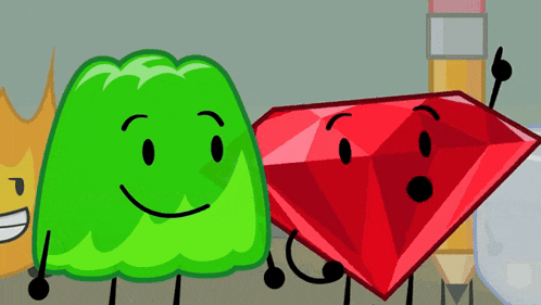 a green jelly and a red diamond with faces