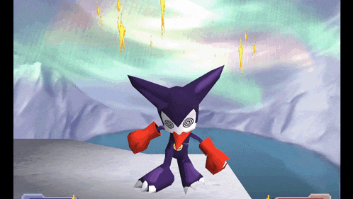 a purple cartoon character with red boxing gloves is standing on a snowy hill