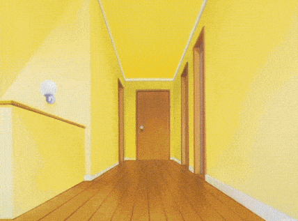 a cartoon drawing of a room with a door and a shelf with flowers on it
