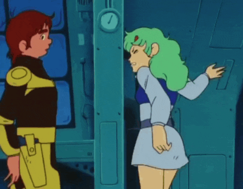 a man and a woman are standing next to each other in a cartoon scene