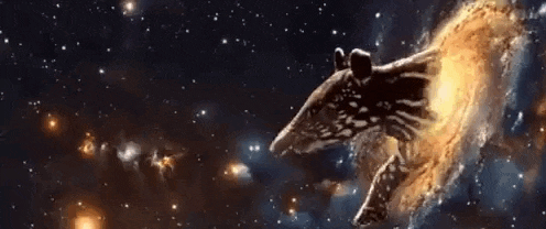 a tapir is flying through space in front of a spiral galaxy .
