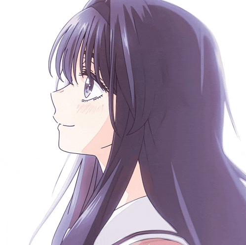 a girl with purple hair and blue eyes is smiling