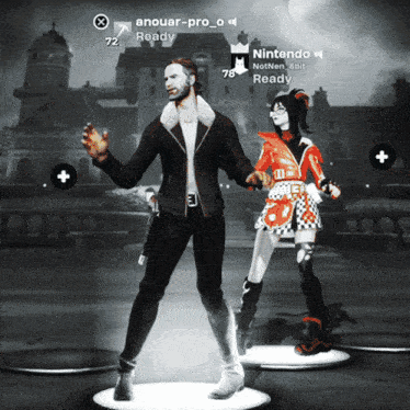 a man and a woman are standing next to each other in a video game with nintendo ready in the corner