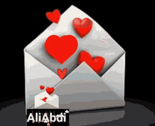 a white envelope with red hearts coming out of it and the name aliabi on the bottom
