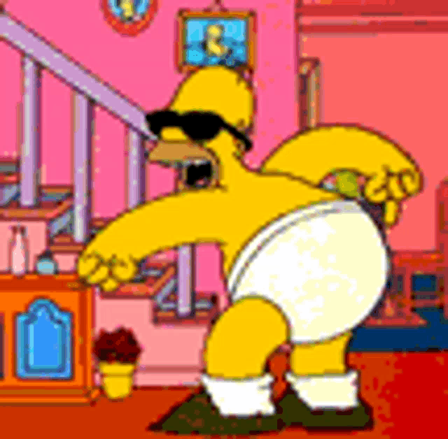 homer simpson wearing sunglasses and a diaper is standing on a staircase .