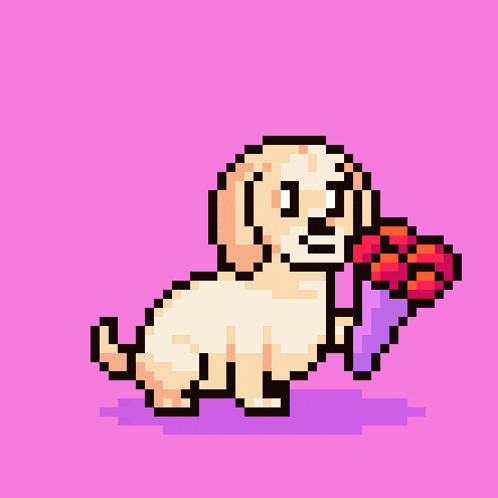 pixel art of a dog holding a bouquet of flowers