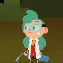 a cartoon character is holding a blue torch and wearing goggles