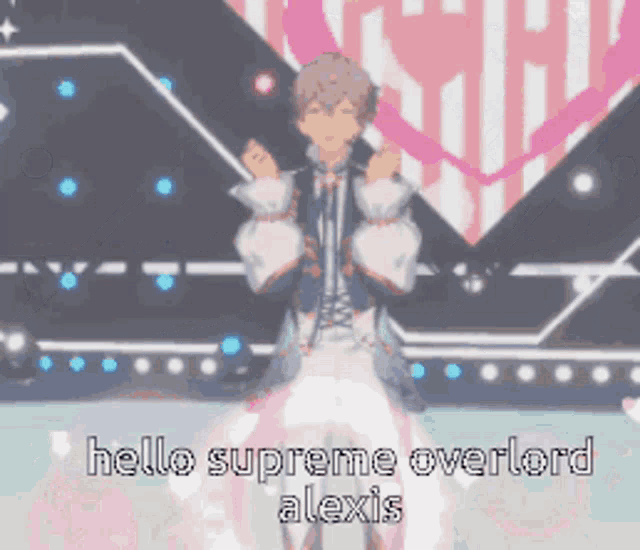 a cartoon character says hello supreme overlord alexis while dancing on a stage