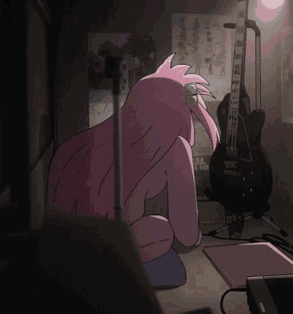a cartoon drawing of a girl with a guitar and a poster that says ' 2021.5.8 ' on it