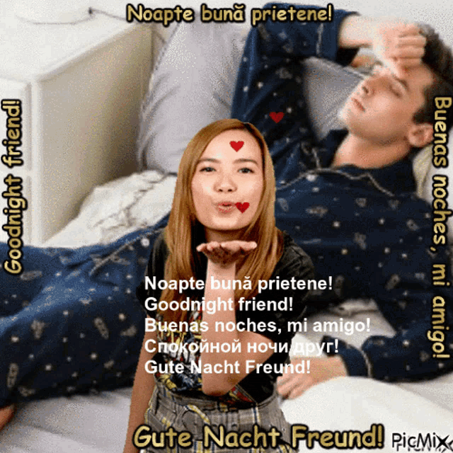 a picture of a woman blowing a kiss and a man laying on a bed