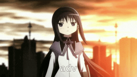 a girl with long black hair is standing in front of a city with the word adv above her
