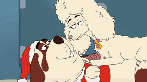 a cartoon dog is licking another dog 's face while wearing a santa hat