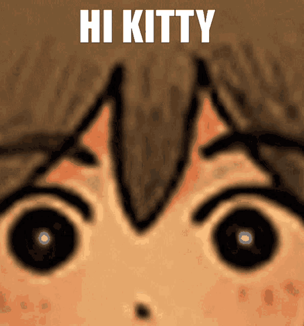 a close up of a child 's face with the words hi kitty written above it
