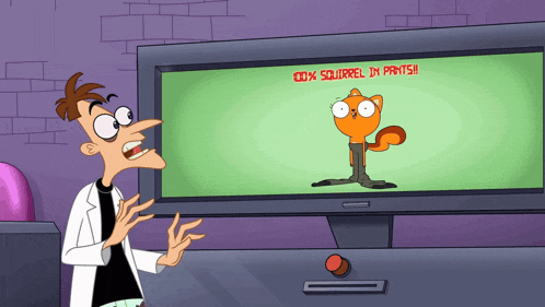 a cartoon character stands in front of a tv screen that says 100 % squirrel in parts