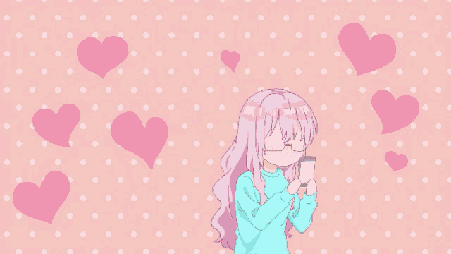 a girl with pink hair is taking a picture of herself in front of pink hearts