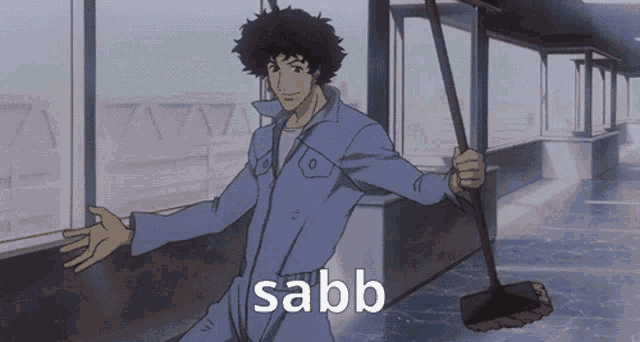 a man in a blue jumpsuit is holding a mop and the word sabb is on the bottom
