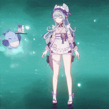 a girl in a maid outfit is standing in front of a stuffed animal on a tray