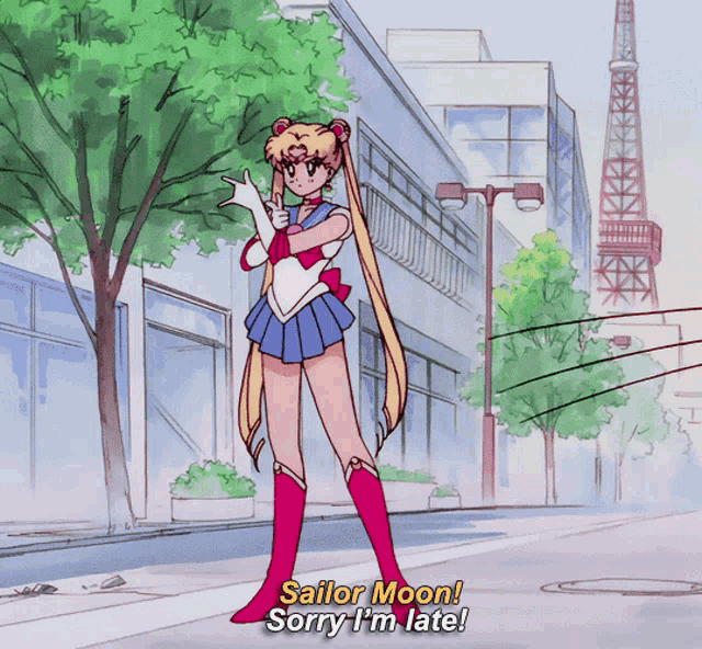 a cartoon of sailor moon saying " sailor moon sorry i m late "