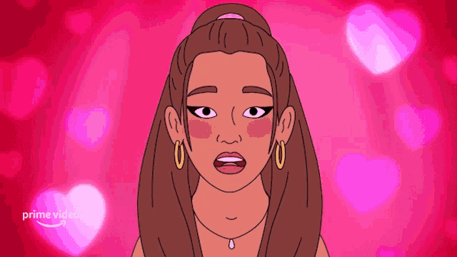 a cartoon drawing of a woman with hearts in the background and the words prime video on the bottom