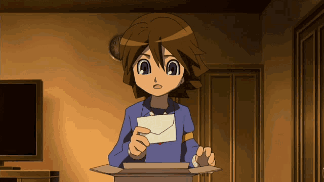 a cartoon character is holding an envelope in his hand