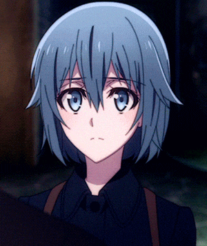 a close up of a blue haired anime girl
