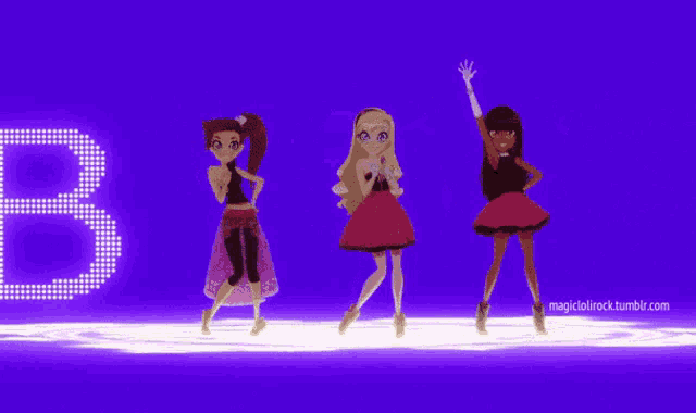 three girls are dancing in front of a purple background that says bff