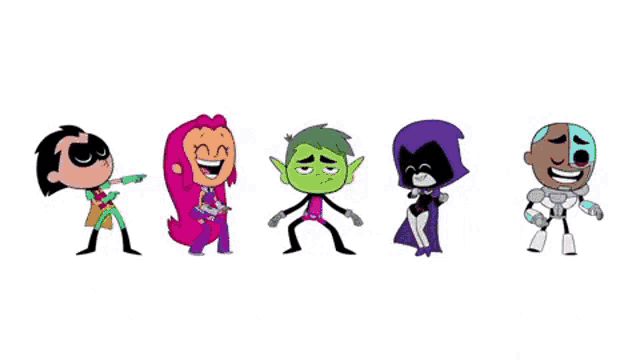 a group of cartoon characters are standing next to each other .