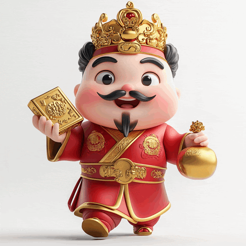 a figurine of a man with a beard and a gold crown holding a book and a bag
