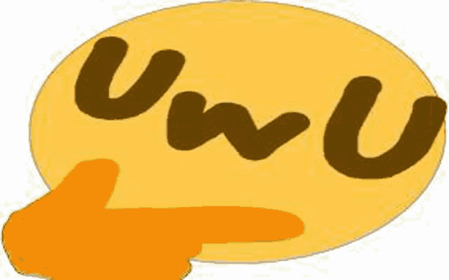 a yellow emoji with a hand pointing at it and the word uwu written on it .