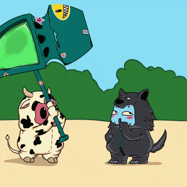 a cartoon of a cow and a wolf standing next to each other with the cow holding a flag that says www