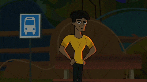 a cartoon character is standing in front of a bus sign