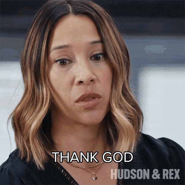 a close up of a woman 's face with the words thank god hudson & rex above her