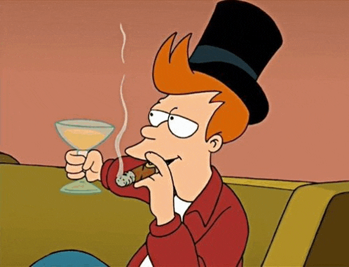 fry from futurama is smoking a cigar and drinking from a martini glass