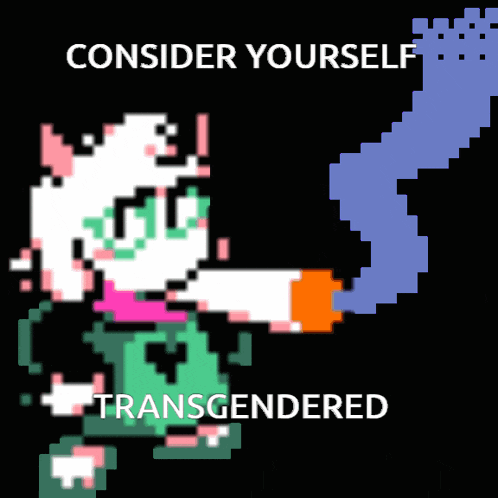 a pixel art of a cat with the words " consider yourself transgendered " below it