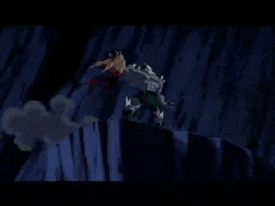 a cartoon character with red eyes is standing in front of a body of water and mountains .