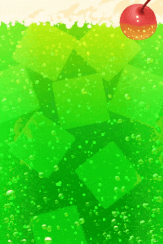 a green background with a red cherry on top