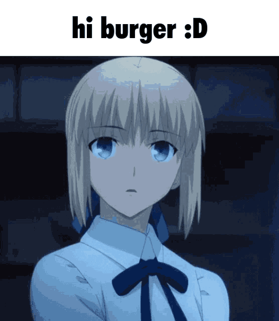 a picture of a blonde anime girl with the words hi burger : d below her