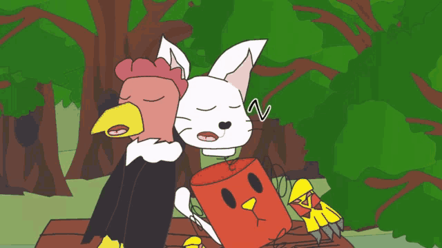 a cartoon drawing of a bird a rabbit and a bucket with the letter n on it
