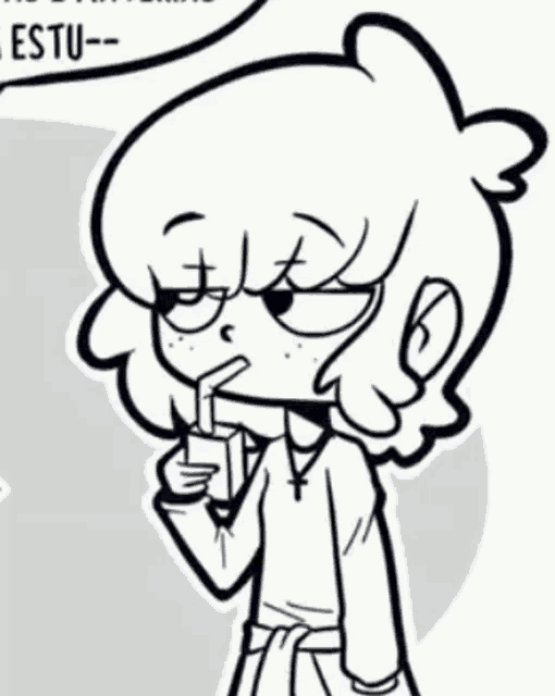 a black and white drawing of a girl drinking through a straw