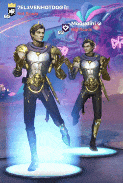 a screenshot of a video game with 7el3venhotdog and mooydini standing next to each other