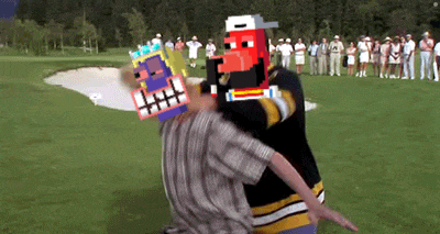 a group of people are standing on a golf course and one of them is wearing a mask that says ' i '