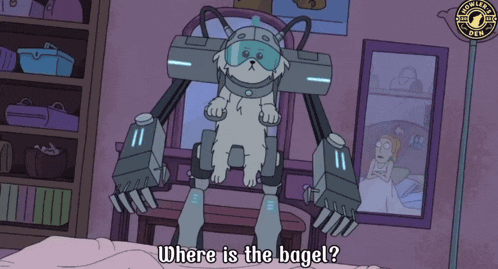 a cartoon of a dog in a robotic suit asking where is the bagel