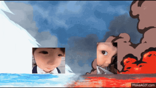 a makeagif.com animated image of a child 's face and a volcano