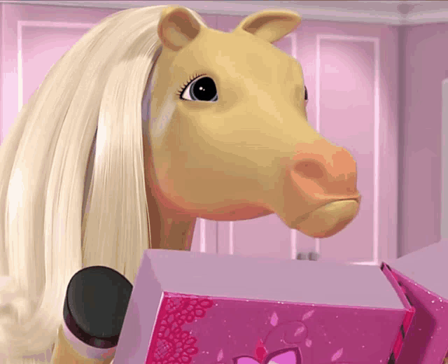 a barbie horse holding a pink box with a butterfly on it