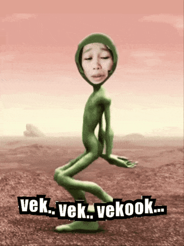 a cartoon of a green alien with the words " vek.vek.vekook " below him
