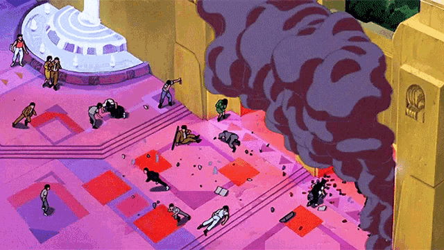 a group of people are laying on the ground in front of a building that is on fire