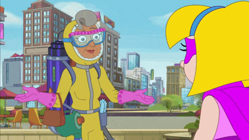 a cartoon of a woman in a yellow suit talking to another woman