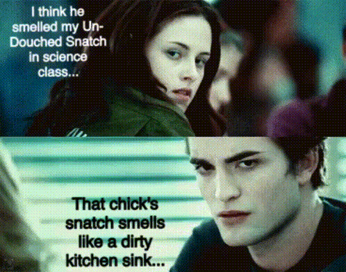 a picture of a man and a woman with a caption that says that chick 's snatch