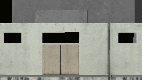 a computer generated image of a building with two doors and a black window