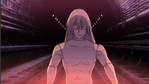 a drawing of a naked man in a dark tunnel